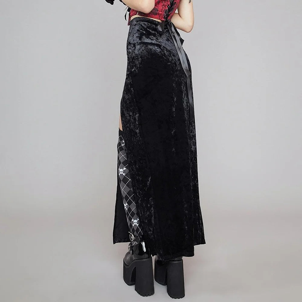 Vintage Black Velvet Split Skirts Aesthetic Sexy High Waist Bow Bodycon Long Skirt Elegant E Girl Punk Partywear Clothes