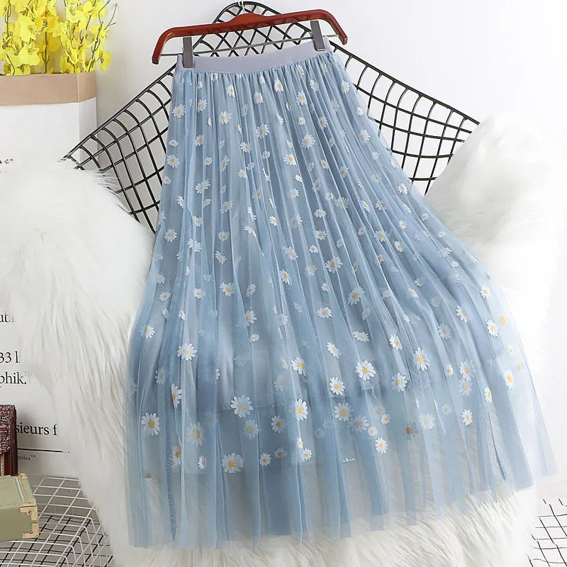 Hot Sale Women Long Skirts Spring Summer High Waist 3 Layers Mesh Gauze Skirt Girl Pleated Print Sweet A- line Skirt Y187