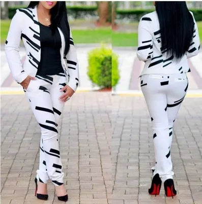 Women 's Fashion Black & White Striped Print Shoulder Jacket + Pants Two - piece Set