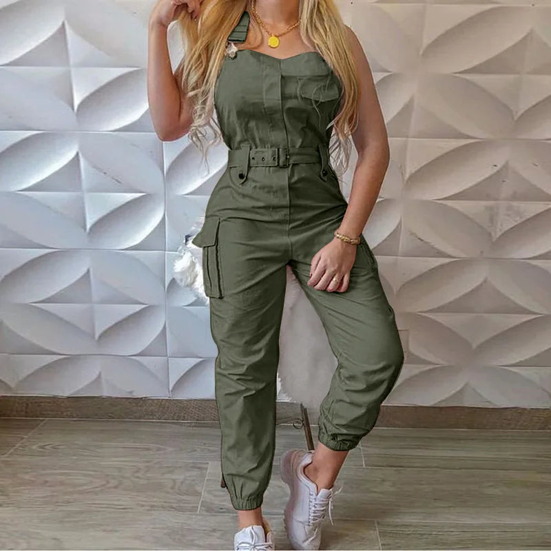 Women's Bib Pants Overalls Sleeveless Adjustable Straps Cargo Jumpsuit Beam Foot Romper Trousers with Belt