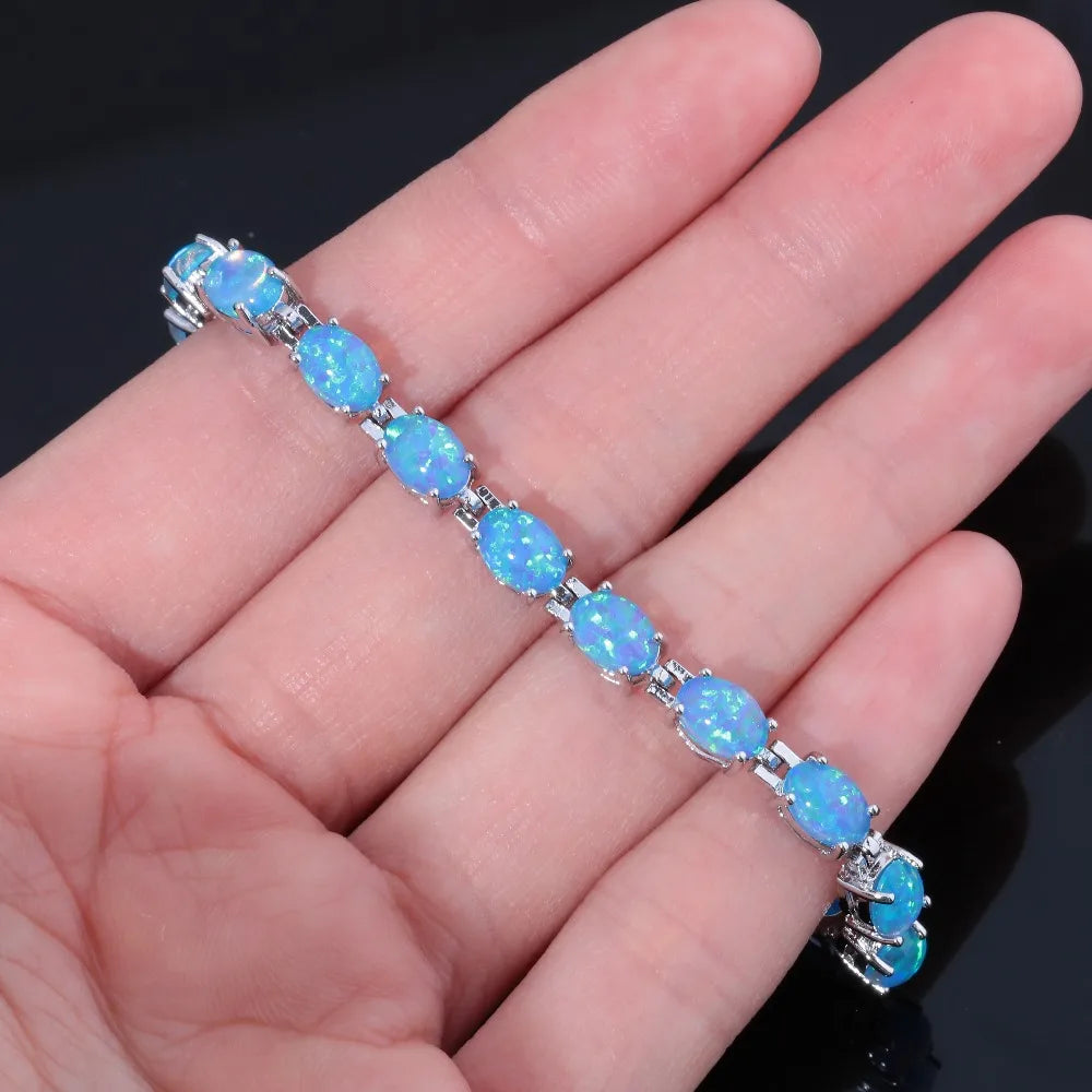 CiNily Blue & White Fire Opal Stone Chain Bracelets Silver Plated Oval Fine Link Bracelet Bohemia BOHO Summer Jewelry Woman Girl