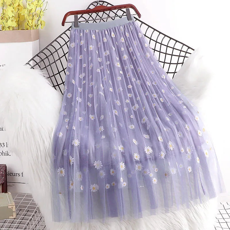 Hot Sale Women Long Skirts Spring Summer High Waist 3 Layers Mesh Gauze Skirt Girl Pleated Print Sweet A- line Skirt Y187