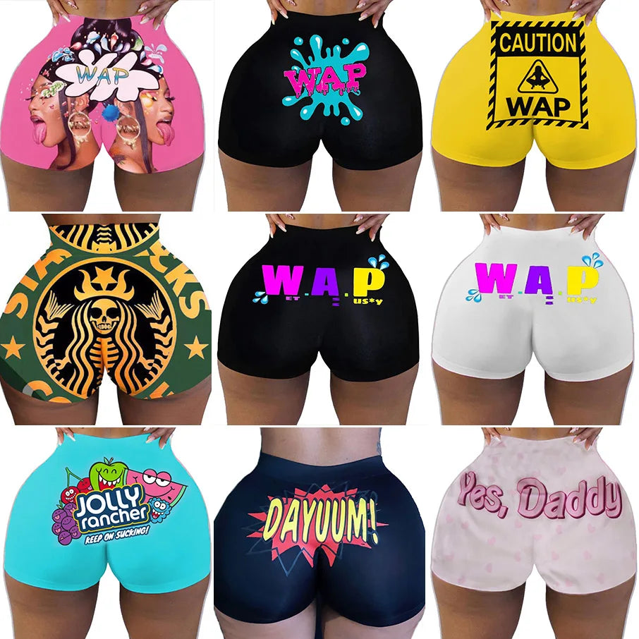 Sexy Women Shorts Womens Summer Clothing Candy Snack Wap Graphic High Waist Biker Booty Shorts Wholesale Cheap Stuff