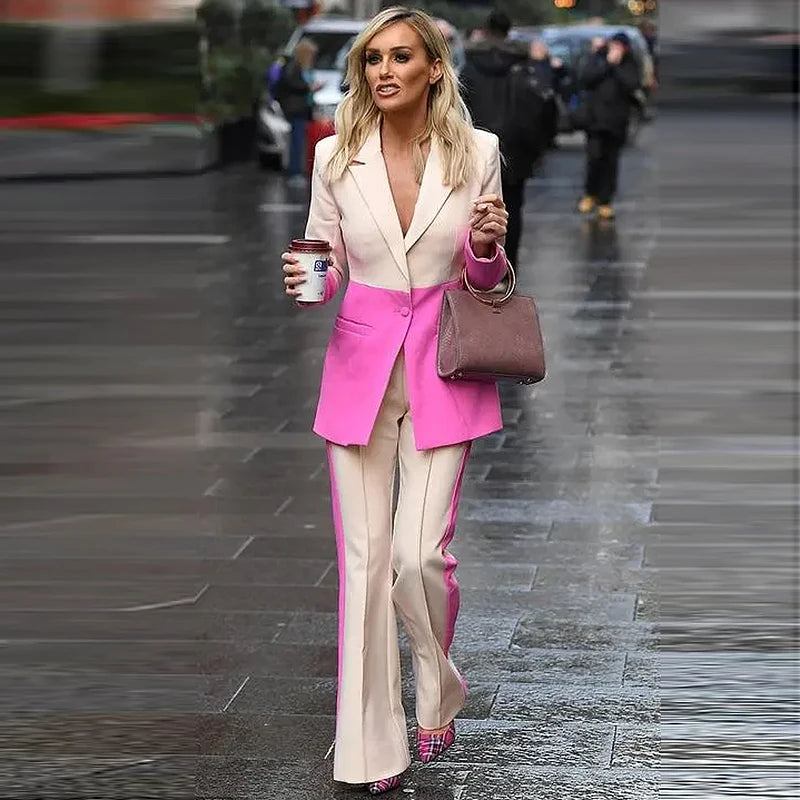 HIGH QUALITY Newest 2024 Designer Runway Set Women's Star Style Single Button Color Block Blazer Flare Pants Suit