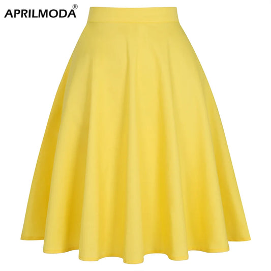 2024 Spring Summer Casual Women Midi Skirt Yellow Solid Color High Waist School Retro Vintage 50s 60s Cotton Runway Pinup Skirts