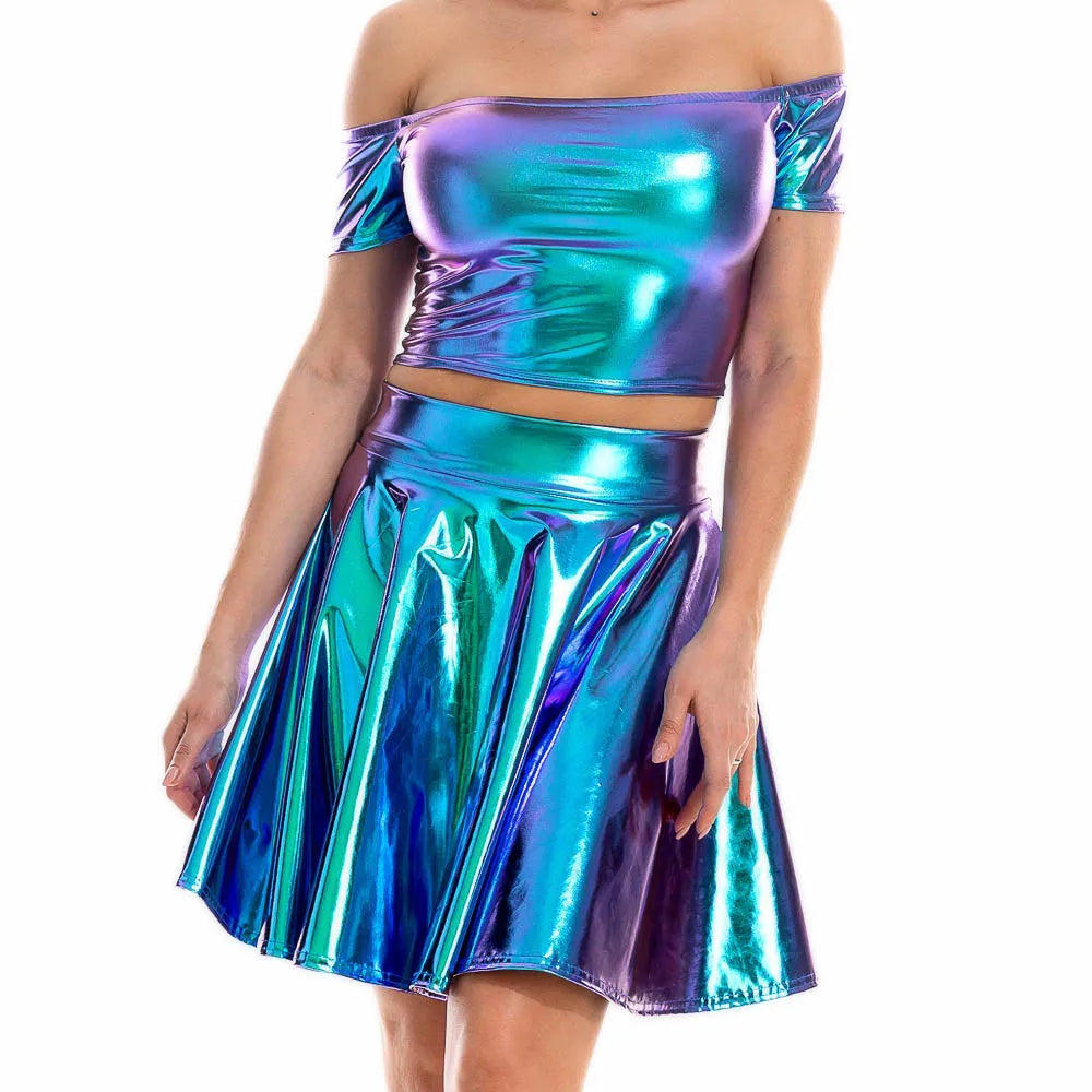 Summer Sexy Laser High Waist Mini PU Leather Skirt Club Party Dance Shiny Holographic Skirts Harajuku JK Metallic Pleated Skirts