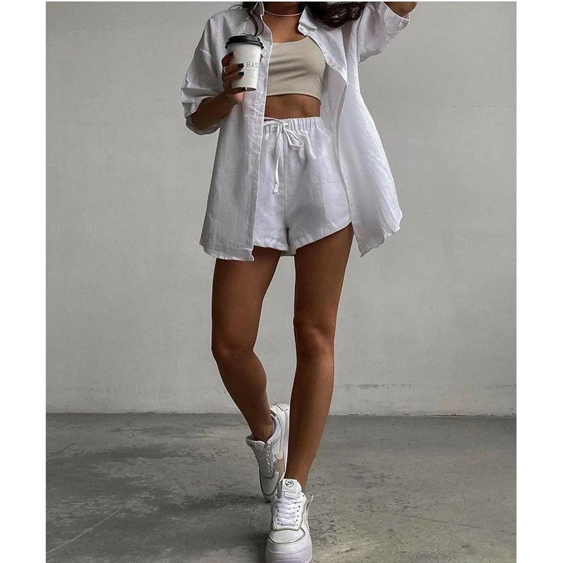 Summer Casual Tracksuit Women's Shorts Suits Green Streetwear Short Sleeve Shirt Tops Loose Drawstring Mini Shorts Two Piece Set