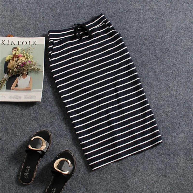 Korean Womens Black White Striped One-Step Skirt Spring Summer Woman Casual Pocket Mid-length Slim Bag Hip Skirts Female