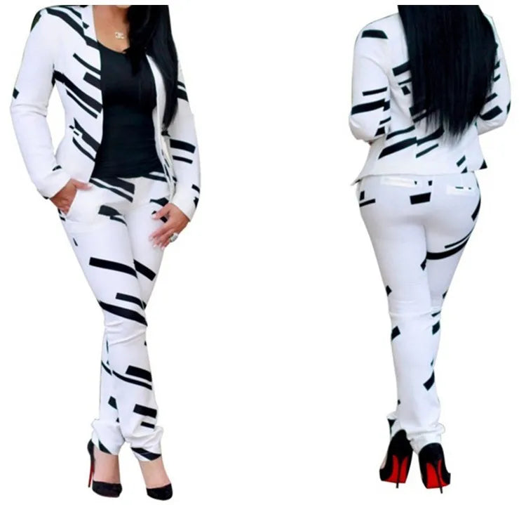 Women 's Fashion Black & White Striped Print Shoulder Jacket + Pants Two - piece Set