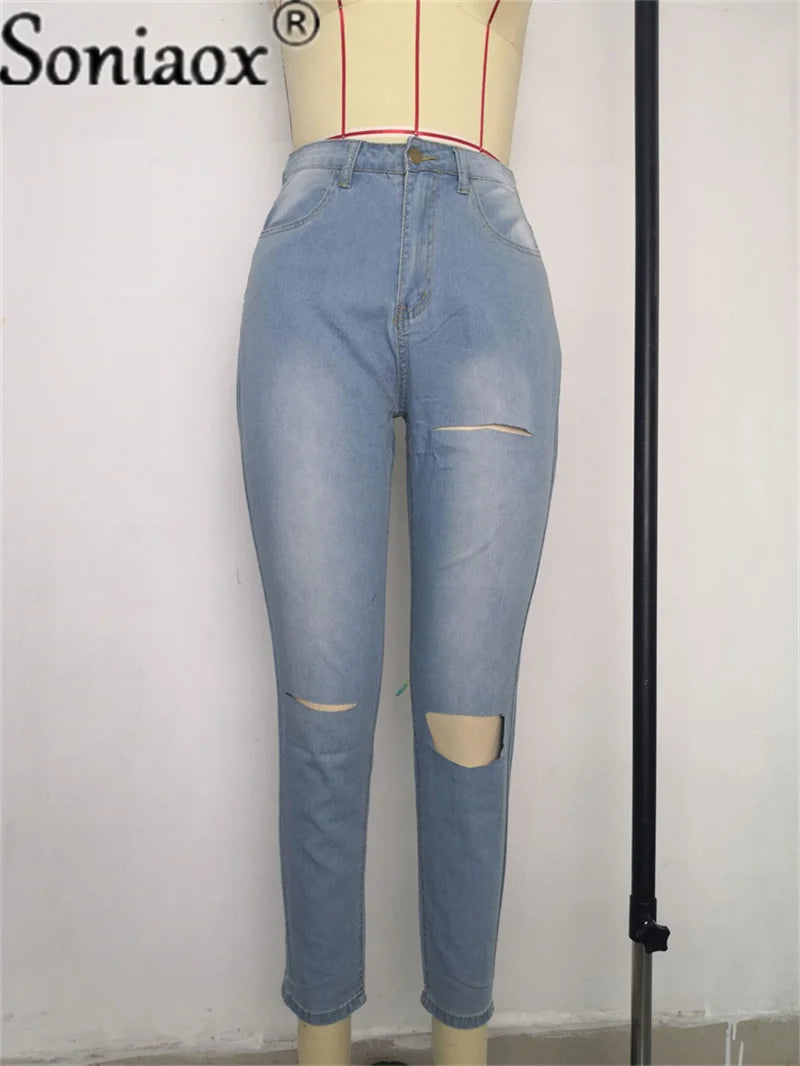 Sexy Bandage Lace Up Grommet Women Denim Pants Blue High Waist Pencil Jeans Pants Skinny Bodycon Hole Street Ripped Trousers