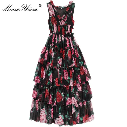 MoaaYina Fashion Designer Runway Dress Summer Women's Sleeveless V-neck Rose Floral-Print Ruffles Elastic waist Vacation Dresses