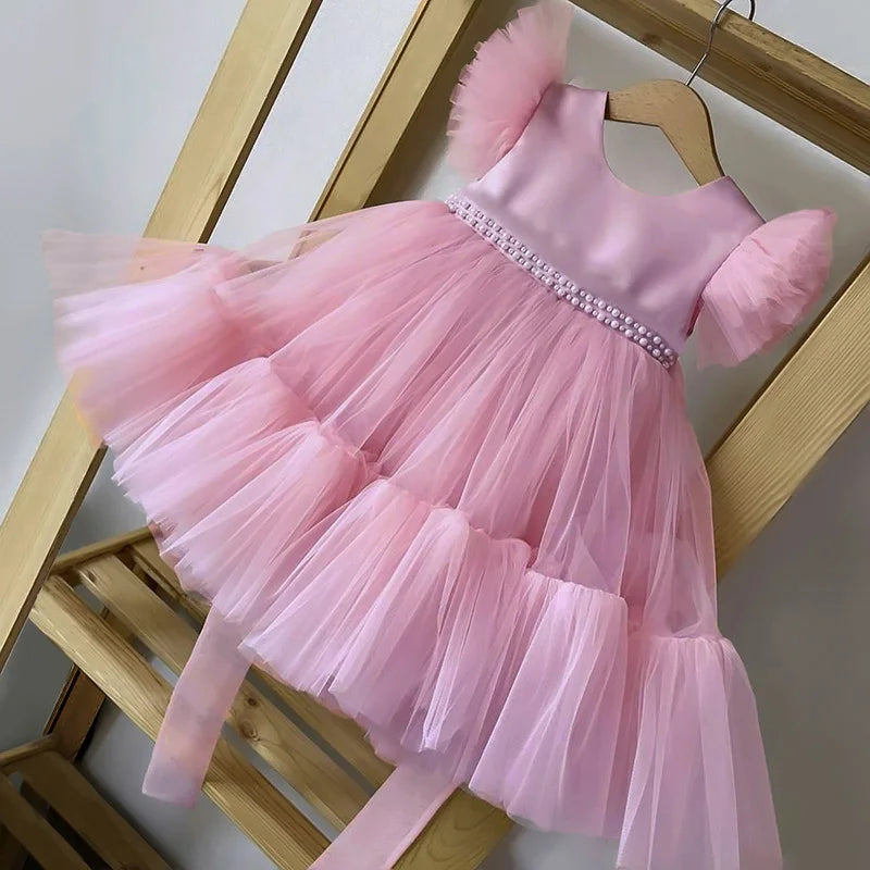 Pink Kid Girl Wedding Dress Baby Pageant Girl Party Princess Birthday Dress Children Clothes Bow Lace Gown Elegant Vestidos