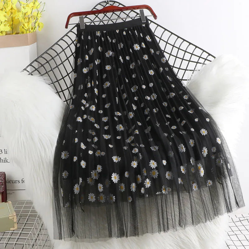 Hot Sale Women Long Skirts Spring Summer High Waist 3 Layers Mesh Gauze Skirt Girl Pleated Print Sweet A- line Skirt Y187