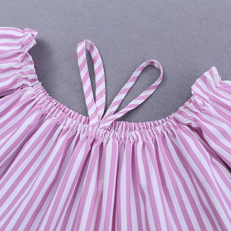 New Baby Girls Fashion Set Stripe Camisole Bow Tops+White Hole Denim Pants Kids 2 Pieces Outfits Birthday Party Children Clothes