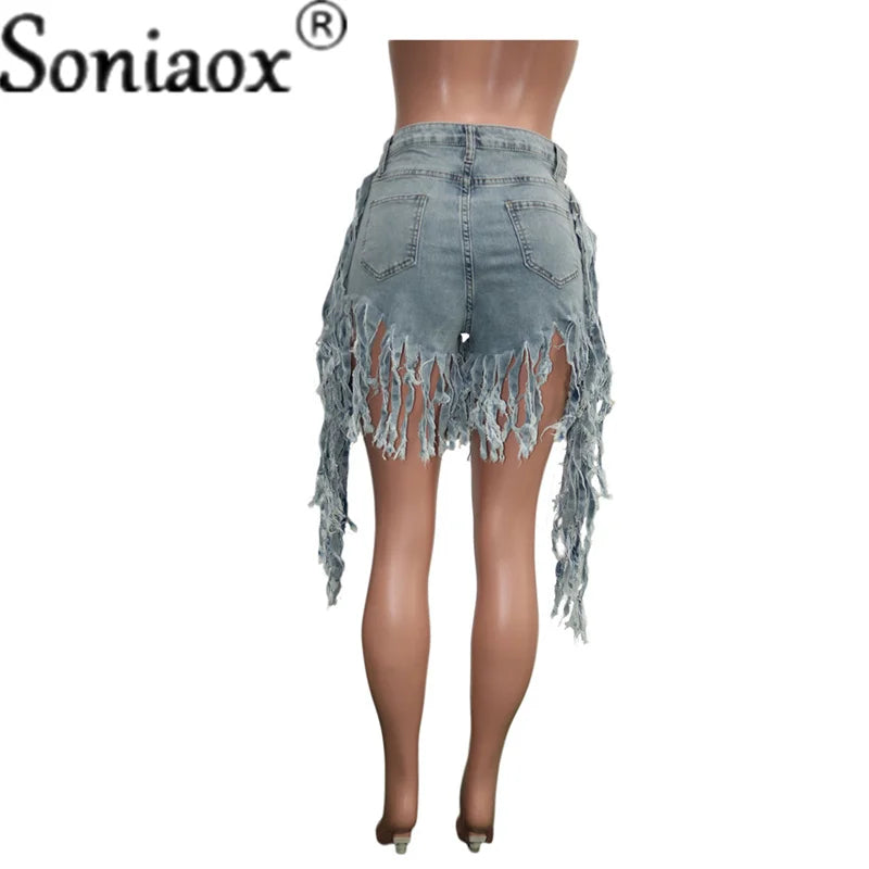 2021 Women Summer Shorts Jeans Tassel High Waist Casual Zipper Fly Jeans Ladies Street Night Club Skinny Denim Shorts