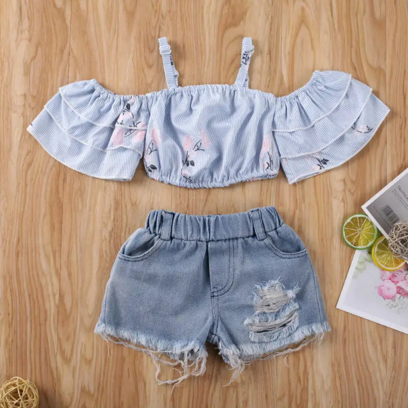 Summer Baby Sets Cute Kids Baby Girl Off Shoulder Ruffles Floral Printed Crop Tops T-Shirt Ripped Denim Shorts Outfit