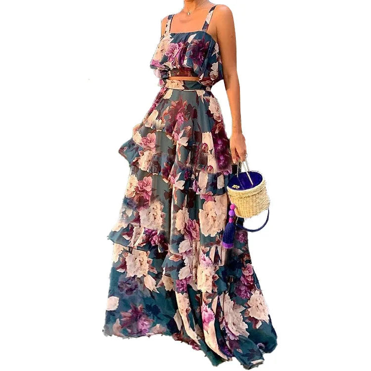 Women Summer Sexy Cake Skirt Sling Crop Top+Maxi Long Skirt Casual Floral Printed Ruffled High Waist Two Piece Set 2022 New