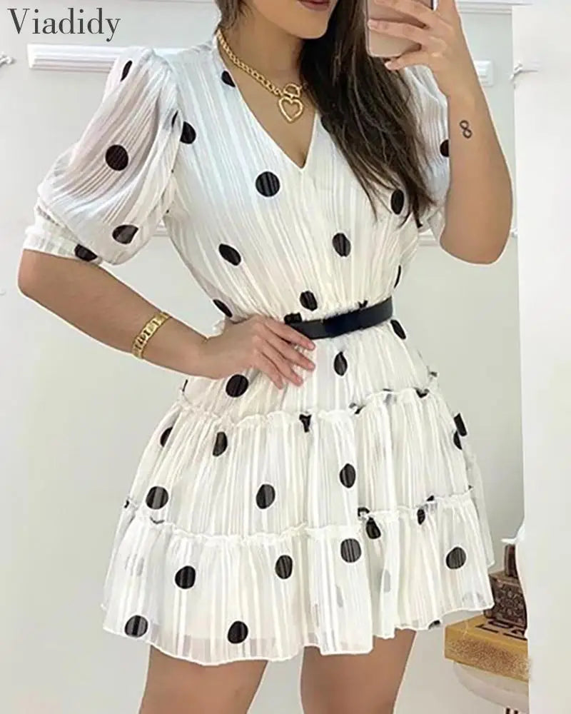 Polka Dots Mesh Puff Sleeve A-line Dress Women Sweet Ruffles V Neck Casual Mini Dress No Belt