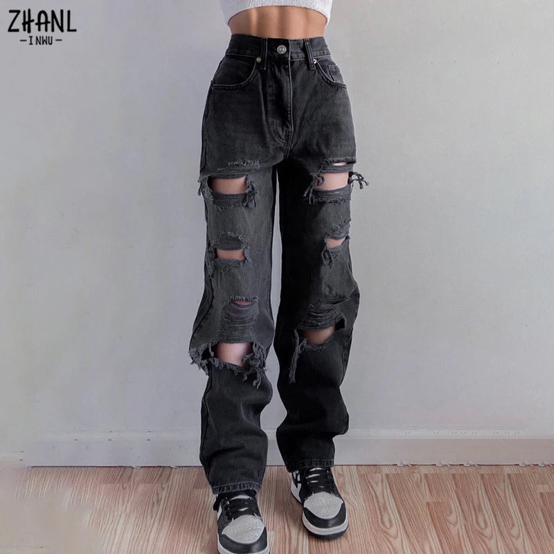 Brown Ripped Vintage Woman's Distressed Jeans Streetwear Hole Hip Hop High Waist Pants Fashion Straight Denim Trousers Ladies