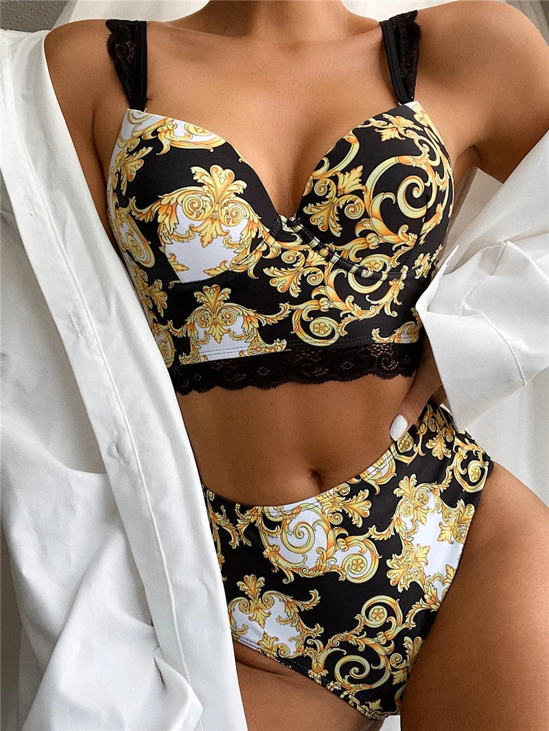 Sexy Vintage Print Women's Bikini Set Lace Strappy Padded Bra High Waist Bottoms Swimsuit Fashion Female Beachwear Swimwear