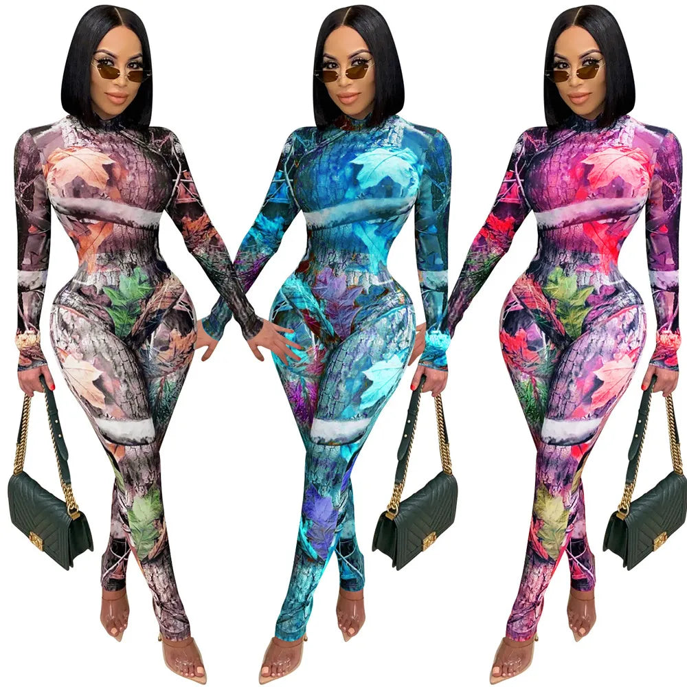 Sexy Mesh Sheer 2 Piece Set Women Festival Clothing Bodysuits Top Leggings Print Matching Sets Two Piece Club Birthday Outfits