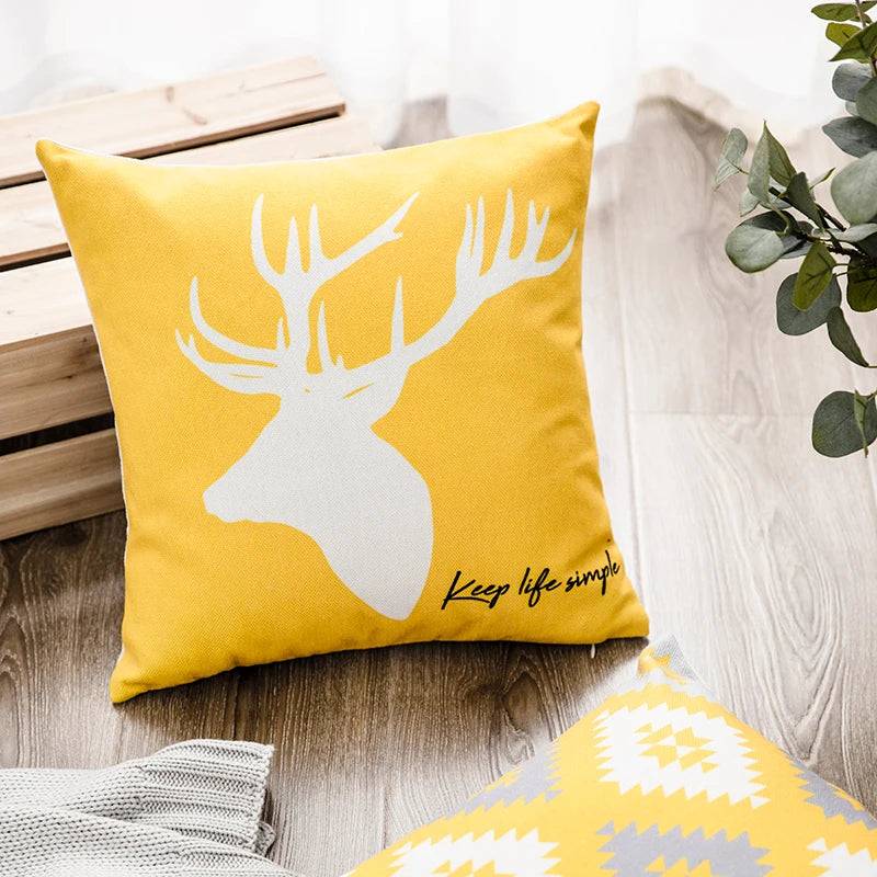 Nordic Yellow Gray Geometric Pillow Cover Home Decorative Pillows Geometry Deer Linen Pillow Case Cushion Cover Cojines Almofada