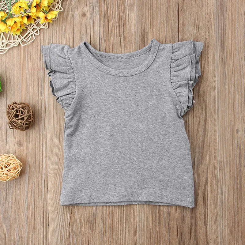 0-6Y Cute Newborn Toddler Kids Baby Girl T Shirts Clothes Fly Sleeve Solid Color Cotton T-shirt Tee Outfits Summer Clothes