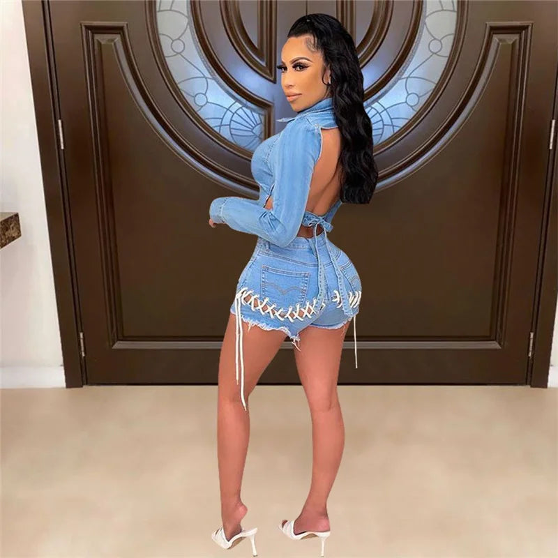 Sexy Denim Two Piece Short Set for Women Irregular Backless Jacket Top and Lace-up Shorts Sets Club Wear Party Jeans Outfits