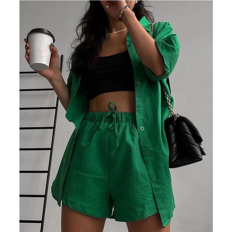 Summer Casual Tracksuit Women's Shorts Suits Green Streetwear Short Sleeve Shirt Tops Loose Drawstring Mini Shorts Two Piece Set