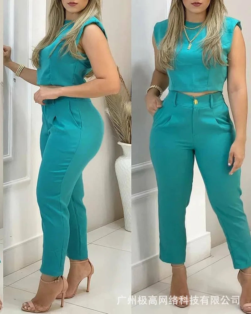 Blue Women's Pants Suit Summer 2021 New Casual Suit Office Lady Women's Tracksuit