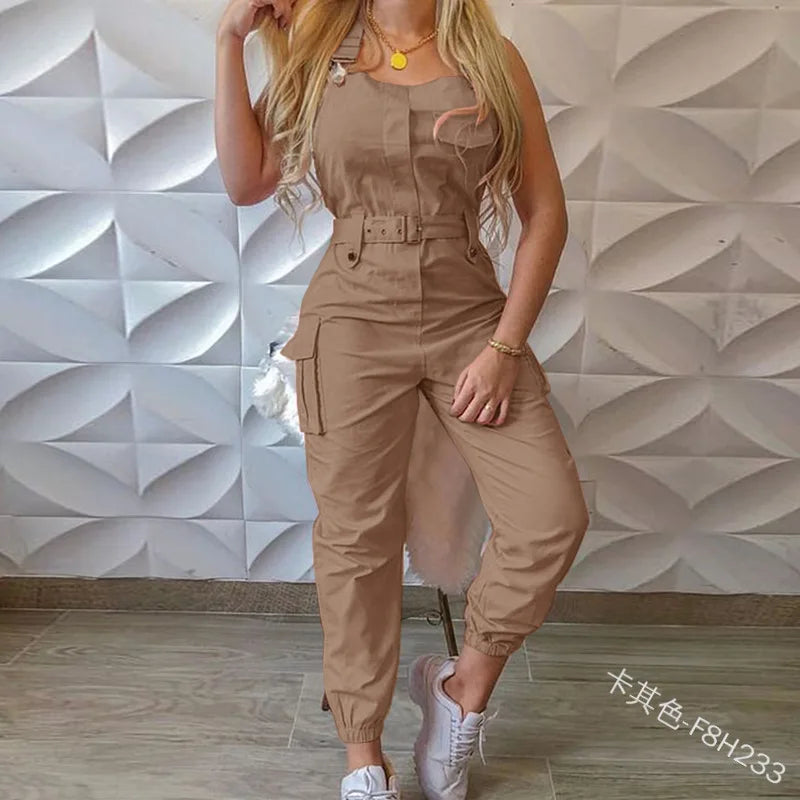 Women's Bib Pants Overalls Sleeveless Adjustable Straps Cargo Jumpsuit Beam Foot Romper Trousers with Belt