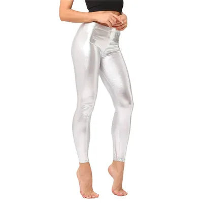 Ladies Silver Metallic Shiny Laser Leather Leggings Women Candy Color