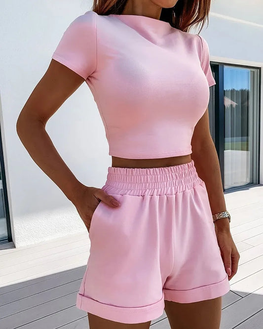 2 Piece Set Women Summer O-Neck Casual Crop Top 2020 Female Clothing Tracksuit Pockets Loose Shorts Two Piece Autumn Fashion