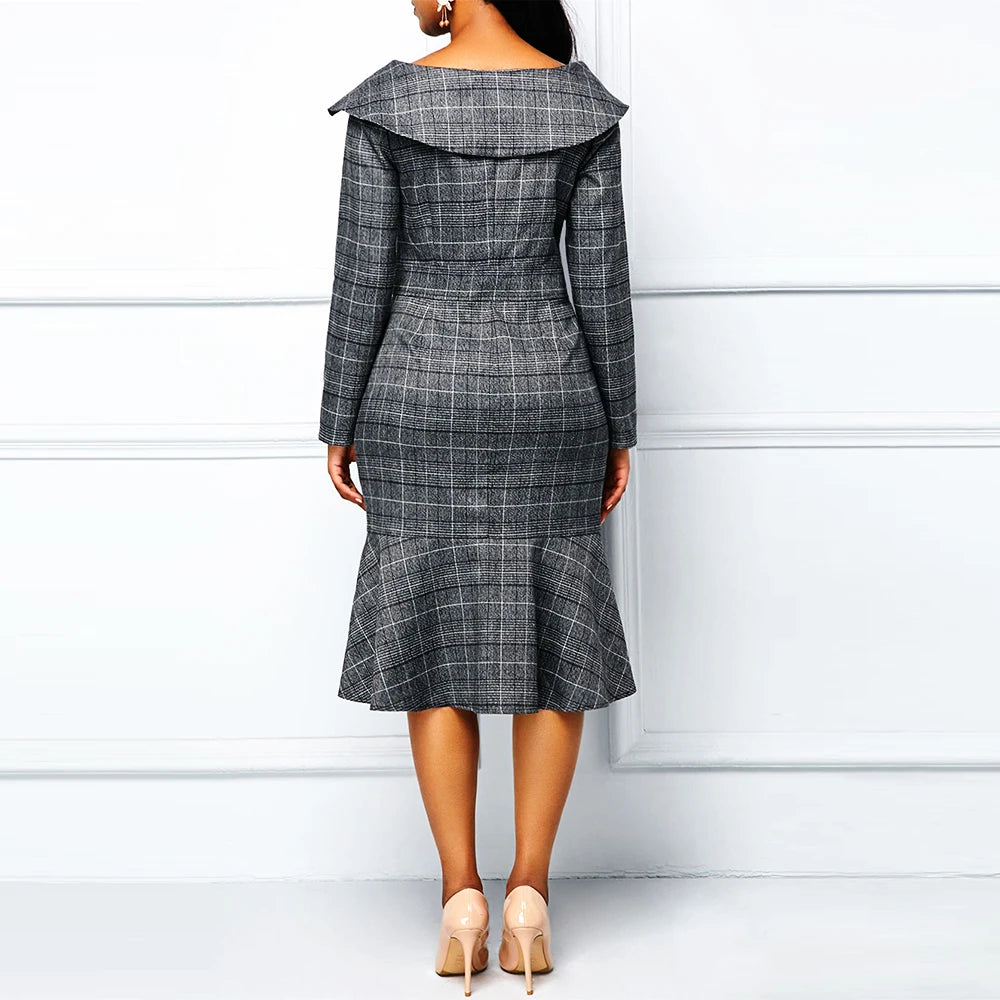 Elegant Plaid Party Dress For Women V Neck Long Sleeve Buttons High Waist Office Work Bodycon Mermaid Dresses Vintage Vestidos