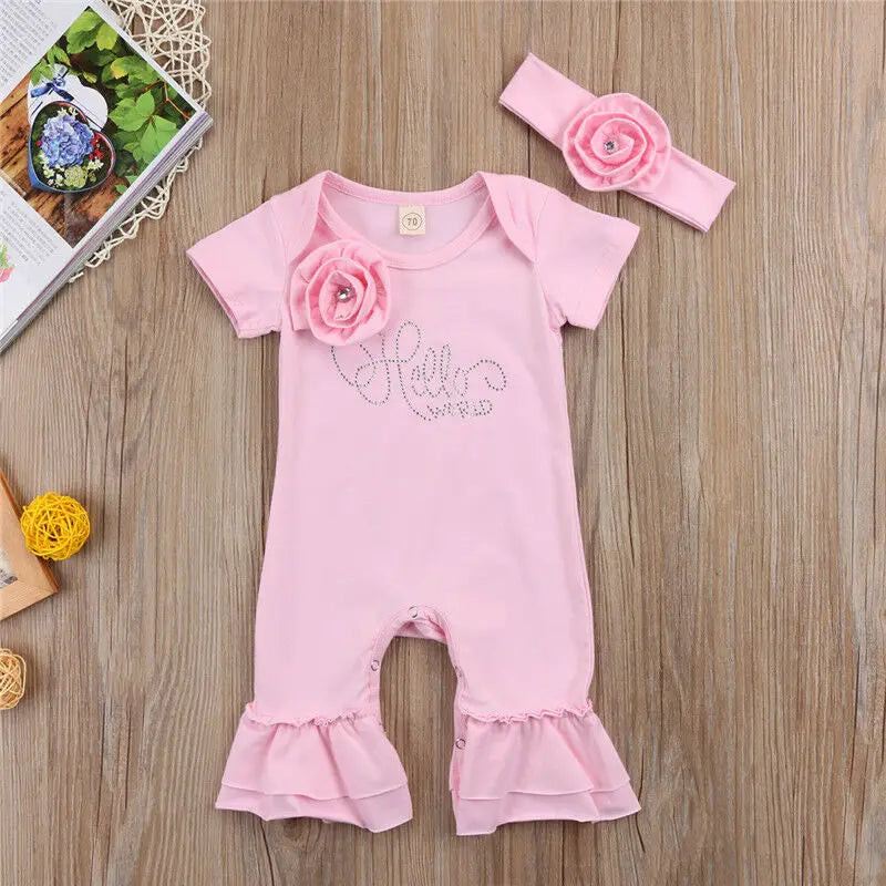 New Newborn Baby Flower Romper Girl Jumpsuit Headband Outfits Girls Clothes Set