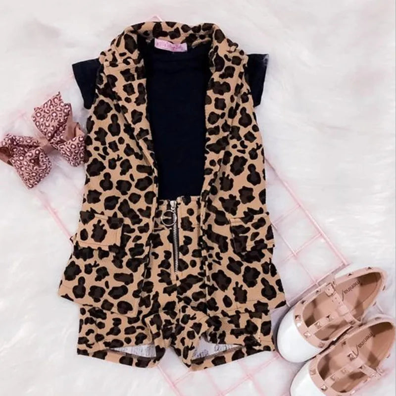 Emmababy Summer 2024 Toddler Baby Girl 3PCS Clothes Outfit Sleeveless Leopard Shirt+Tops T-Shirt+Short Pants Set