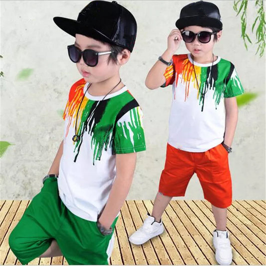 2022 New Summer Boys Clothing Set Casual Hip-hop Stripe Colorful T-Shirt + Pants 2Pcs Suit Kindergarten Performance Kids Clothes