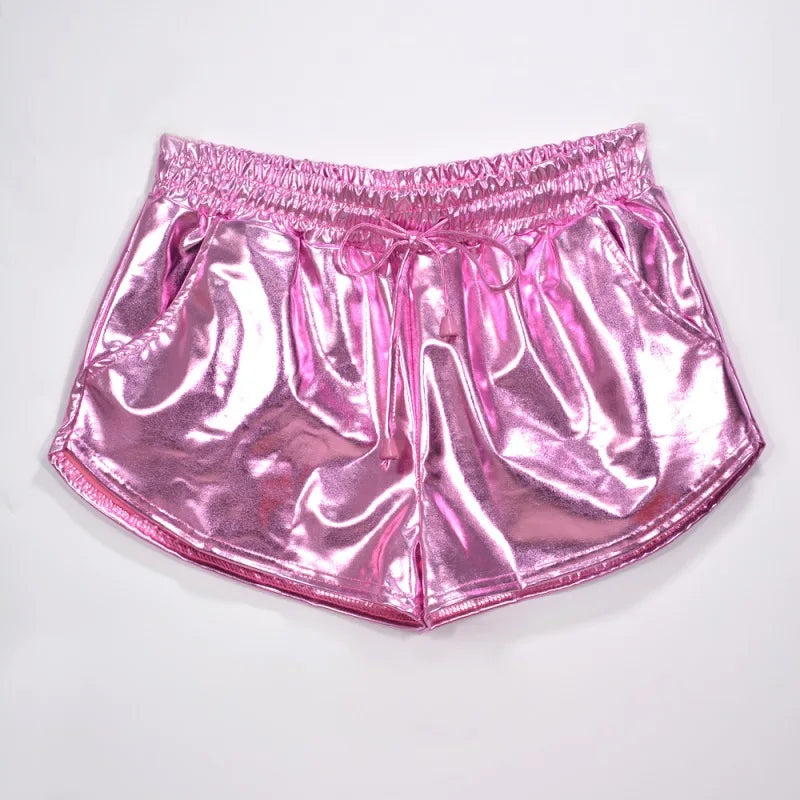 Women Shiny Metallic Hot Shorts Summer Holographic Wet Look Casual Elastic Drawstring Festival Rave Booty Shorts