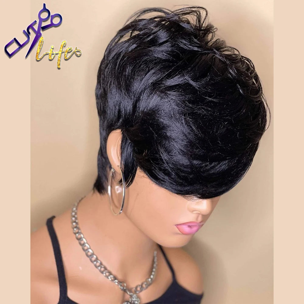 Beauty Short Bob Wavy Wig With Bangs Full Machine Made No Lace Wigs For Women Brazilian Remy Straight Human Hair Pixie Cut Wig