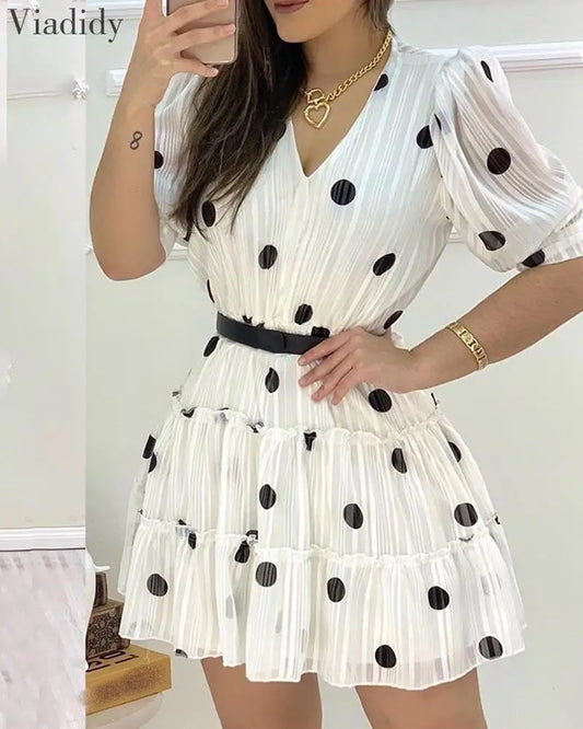 Polka Dots Mesh Puff Sleeve A-line Dress Women Sweet Ruffles V Neck Casual Mini Dress No Belt