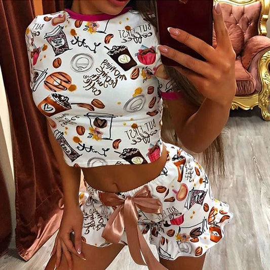 OMSJ 2024 New Women Funny Sleepwear Party Suit Summer Casual Crop Top And Shorts Sets Female Two Piece Outfits Fashion Tracksuit