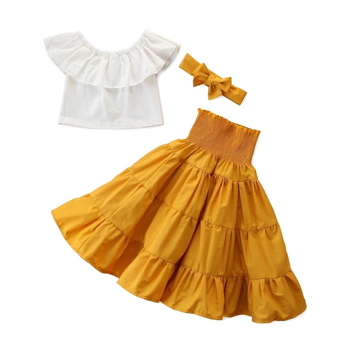 Toddler Kids Baby Girls Off Shoulder Ruffle Top Shirt Elastic Waist Dress Headband 3Pcs Solid Summer Outfit Set Clothes 2-7T