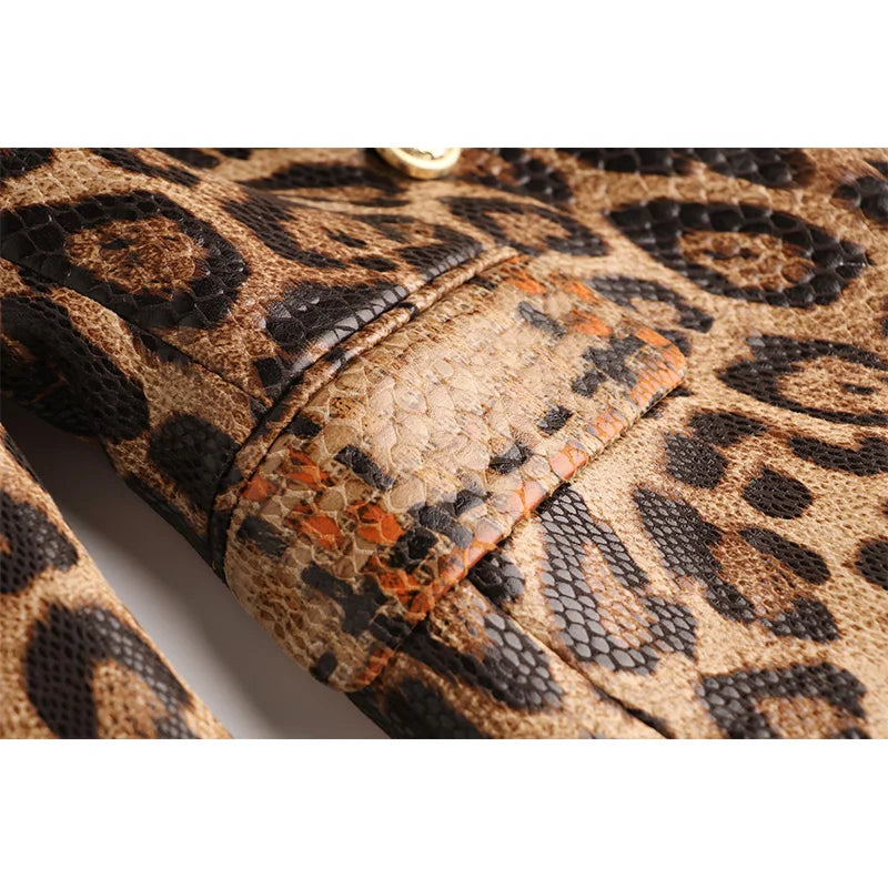 HarleyFashion Spring High Streeet Women Blazer Jacket Unique Snake Pattern Animal Ladies PU Leather Jacket