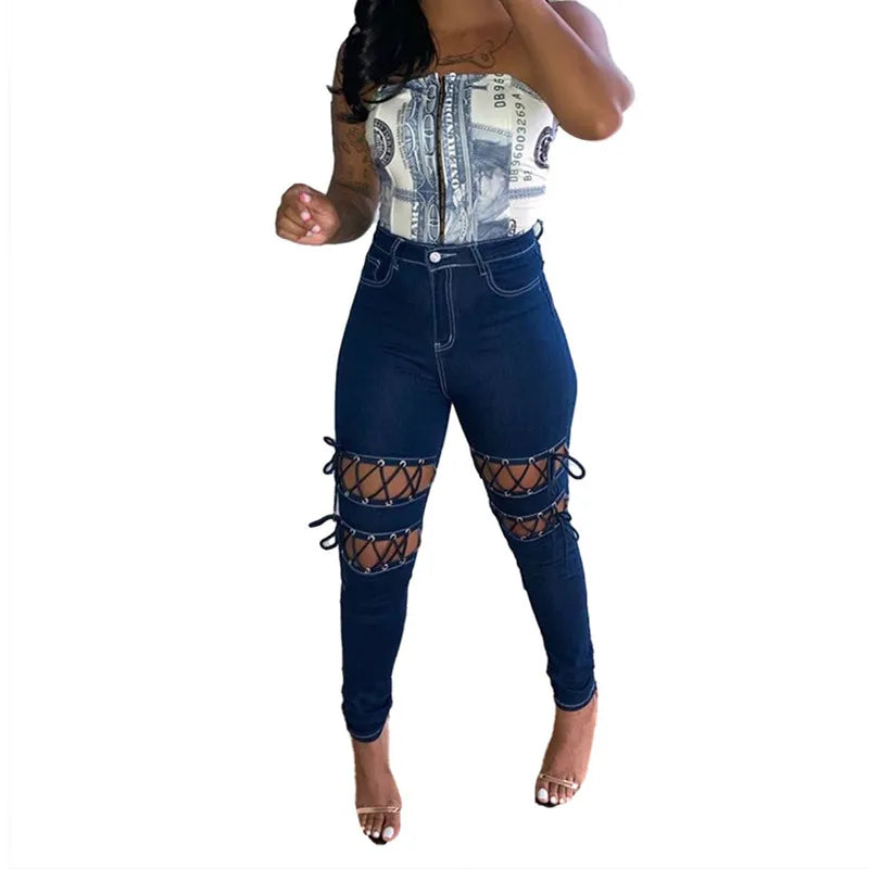 New Fashion Women Solid Lace-up Hollow Out Jeans 2024 Winter Lady's Streetwear High Waist Skinny Denim Pencil Pants