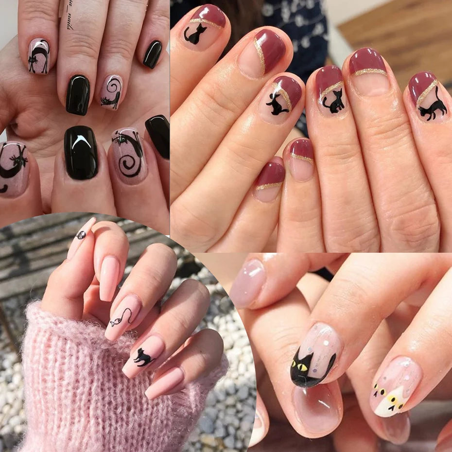 12pc Design In 1 Set Cute Cartoon Cat Nail Sticker Water Transfer French Tips Manicure Pedicure DIY Nails Watermark BEA493-504-1