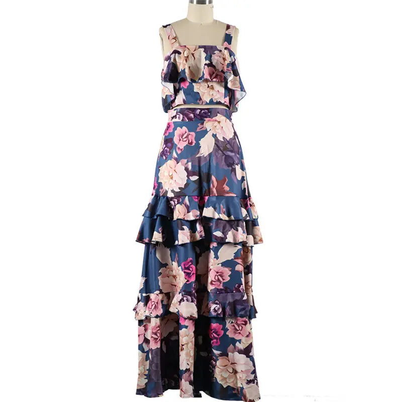 Women Summer Sexy Cake Skirt Sling Crop Top+Maxi Long Skirt Casual Floral Printed Ruffled High Waist Two Piece Set 2022 New