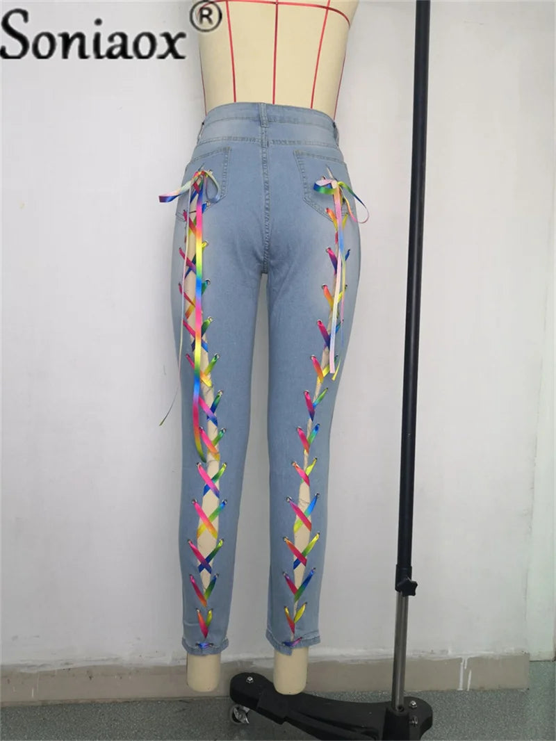 Sexy Bandage Lace Up Grommet Women Denim Pants Blue High Waist Pencil Jeans Pants Skinny Bodycon Hole Street Ripped Trousers