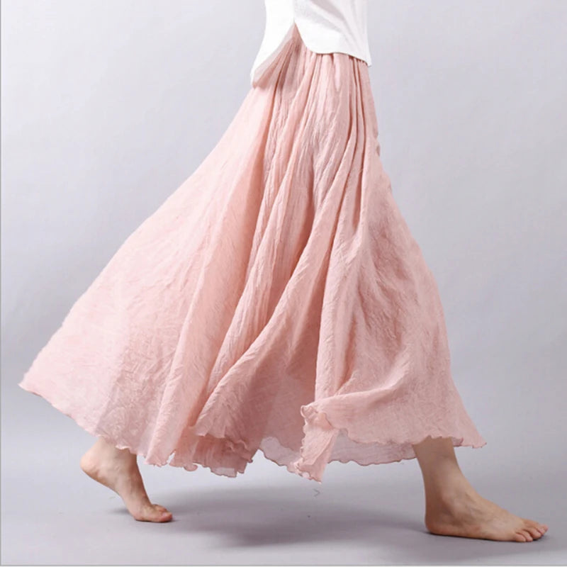 14 Colors Linen Maxi Skirt Pleated Vintage Boho Maxi Long Casual Cotton Beach Skirt Empire A-Line Linen Skirt Ladies Clothing