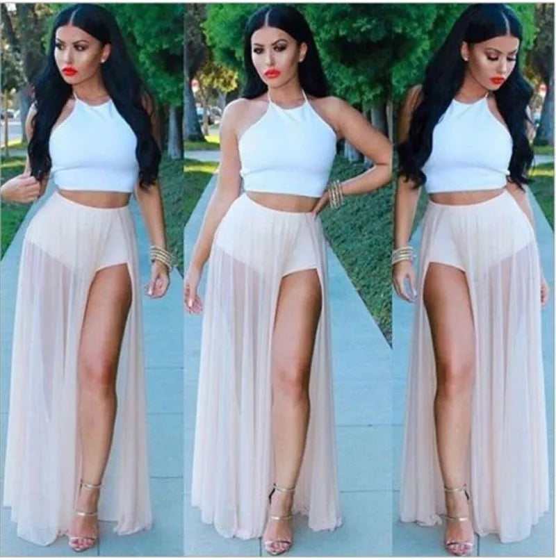 Women High Waist Mesh Skirts Empire See Through Sheer Side Split Skirt Solid Transparent Chiffon Maxi Long Skirt Summer 2018