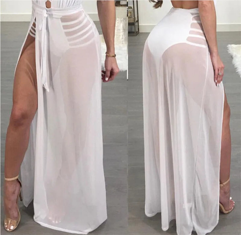 Women High Waist Mesh Skirts Empire See Through Sheer Side Split Skirt Solid Transparent Chiffon Maxi Long Skirt Summer 2018